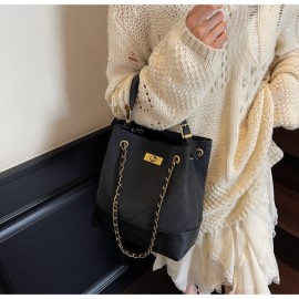 1pc Women's Retro Bucket Bag with Golden-Tone Hardware & Chain Strap - Elegant Golden-Tone Hardware, Buckle Closure, Lining - Coffee Brown/Light Brown/Gray/Black Handbag for Casual & Formal Events