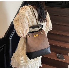 1pc Women's Retro Bucket Bag with Golden-Tone Hardware & Chain Strap - Elegant Golden-Tone Hardware, Buckle Closure, Lining - Coffee Brown/Light Brown/Gray/Black Handbag for Casual & Formal Events