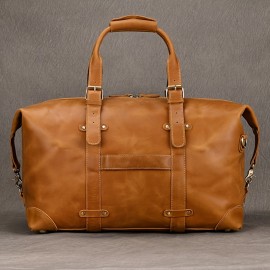 Men's Genuine Leather Travel Duffel Bag, 20 Inch Vintage Carry-On, Large Capacity, Commuter Style, No Wash, Adjustable Strap, Unprinted, Handheld & Shoulder Bag