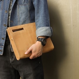 Vintage Genuine Leather Briefcase - Retro A4 Document Holder, Stylish Shoulder & Crossbody Bag for Men, Deep Brown Crazy Horse Leather with Golden Buckle, Perfect for Daily Commute & Professional Use, Leather Purse