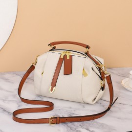 Stylish Genuine Leather Boston Pillow Bag for Women - Versatile Crossbody & Shoulder Handbag with Golden-Toned Hardware, Black/Brown/White/Cream/Dark Blue Options, Perfect for Everyday Use, Secure Travel Purse | Chic Leather Bag | Strap Detailing